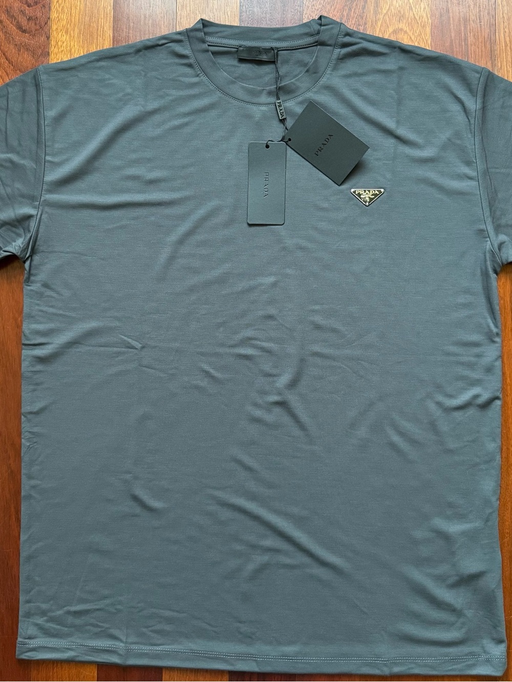 Prada Men’s Short-Sleeve Crewneck T-Shirt — Charcoal Gray with Gold Logo